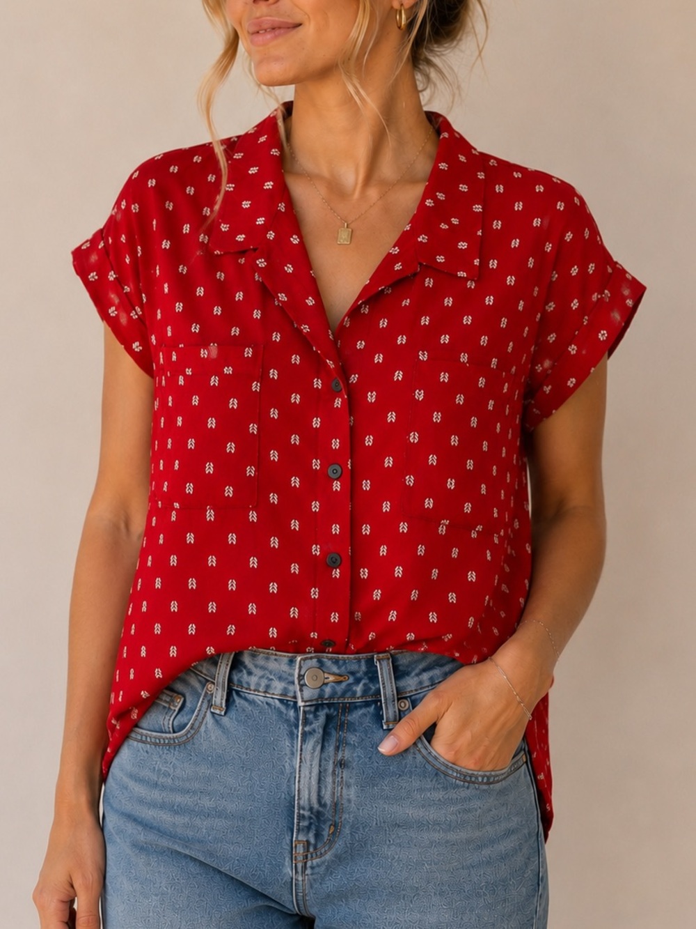 JACHS Girlfriend Red Rayon Button Front Blouse XXL Leaf Print Roll Sleeve Top